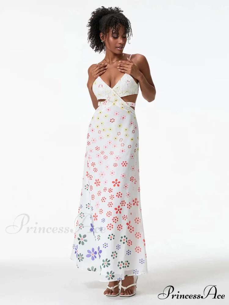 Thin Straps Sophisticated Open-Back Ribbon Crisscross Floral Dress floraldress-250126