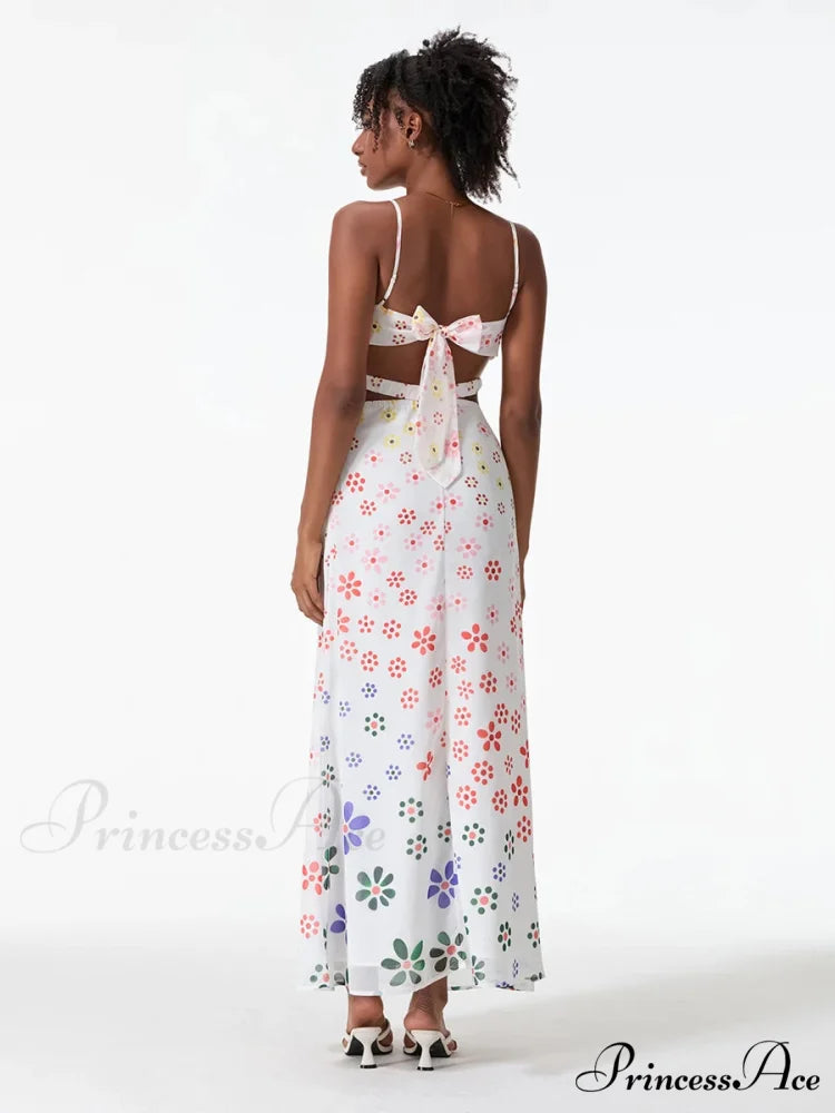 Thin Straps Sophisticated Open-Back Ribbon Crisscross Floral Dress floraldress-250126