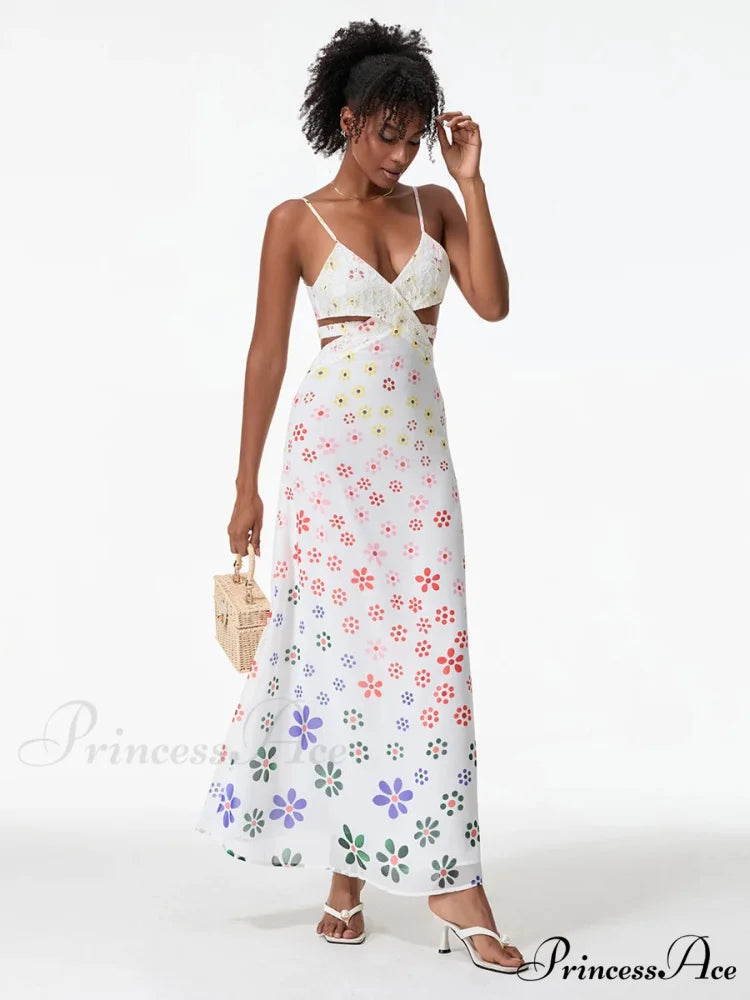 Thin Straps Sophisticated Open-Back Ribbon Crisscross Floral Dress floraldress-250126