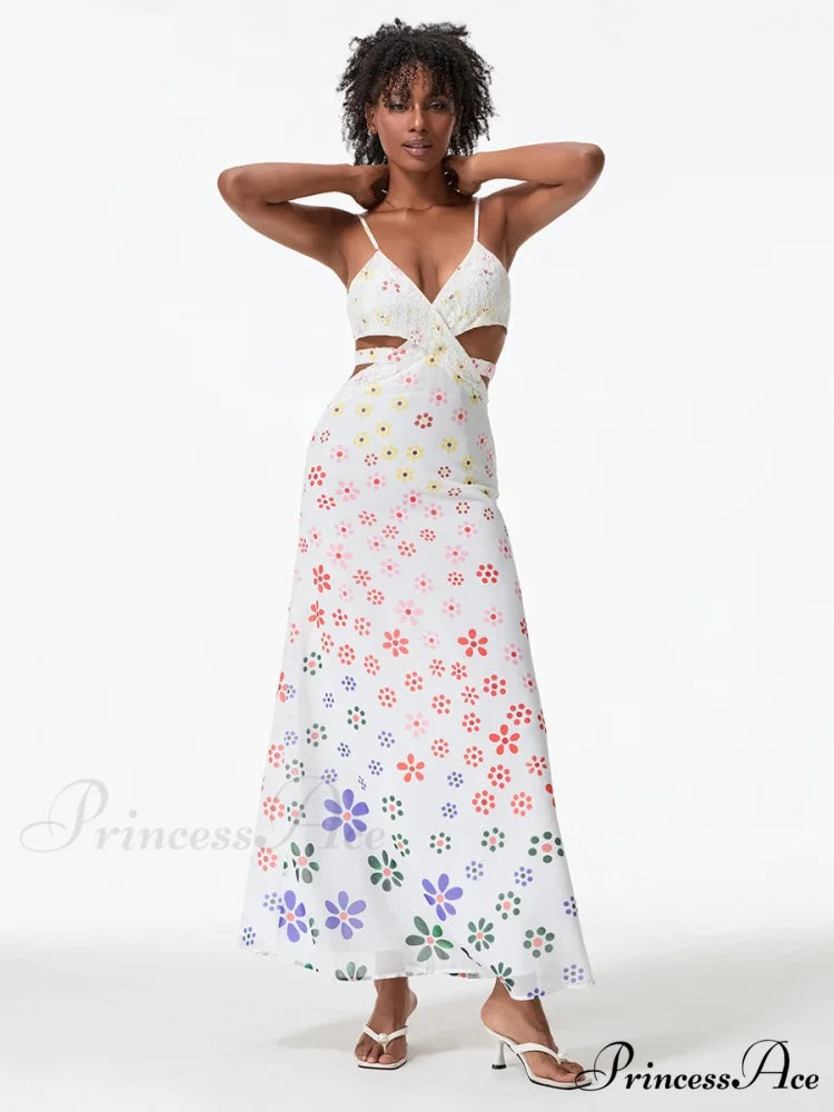 Thin Straps Sophisticated Open-Back Ribbon Crisscross Floral Dress floraldress-250126