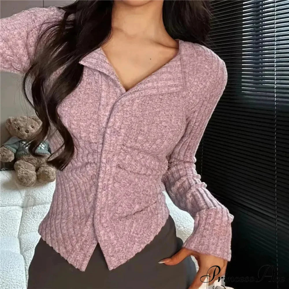Thin Vintage Cozy Long Sleeve Elegant Single-breasted Stylish Jumper Sweater Purple / S