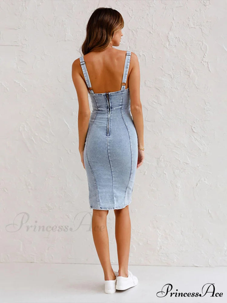 This Seasons Staple Denim Adjustable Trendy Straps Zip-up Firm Stretch Midi Dress