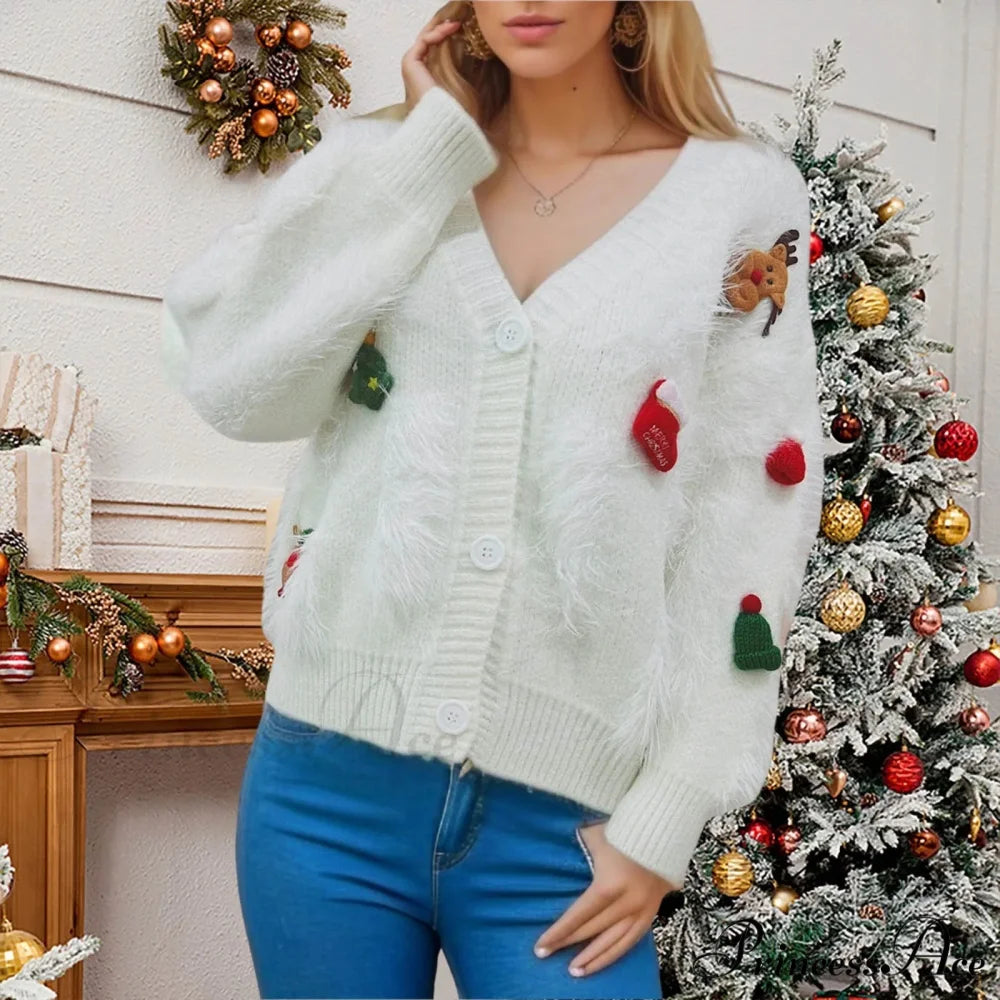 Three Decoration Lace Detail Cardigan White / S