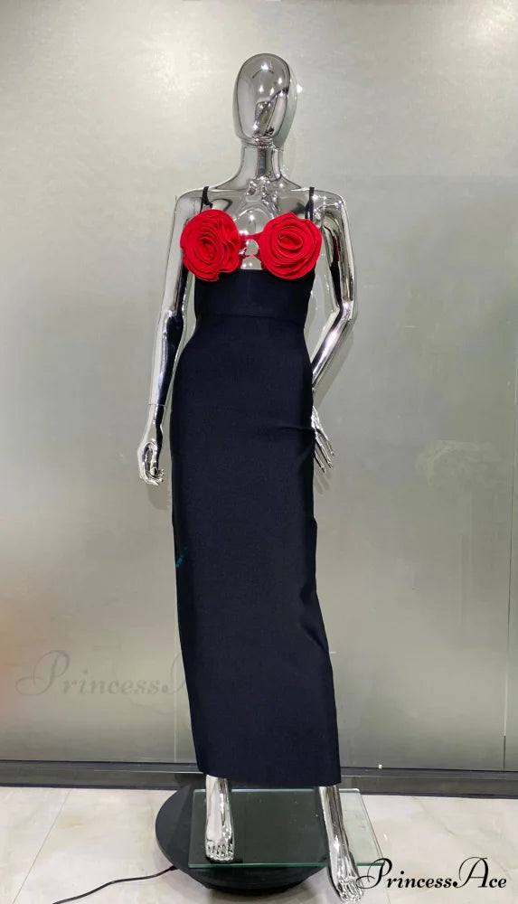 Three-Dimensional Flower Mid-Calf Party Dress Red Flowers / S