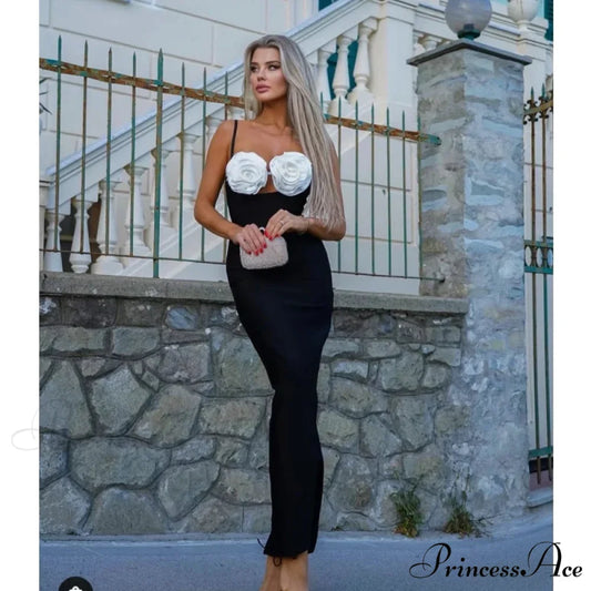 Three-Dimensional Flower Mid-Calf Party Dress White Flowers / S