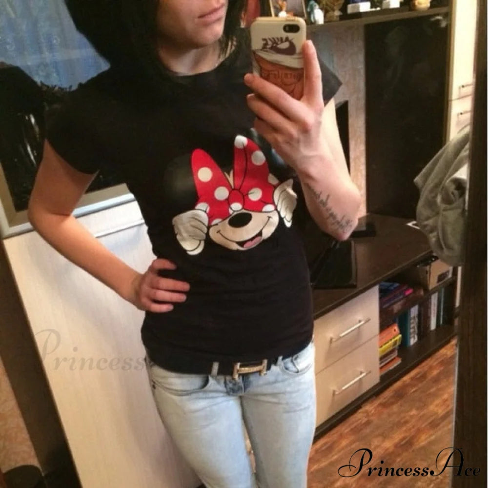 Three Mickey Mouse Print Women T shirt Black Minnie / S