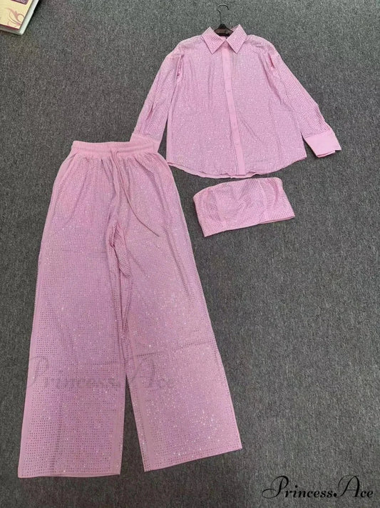 Three Piece Pants Set Sexy Sparkle Diamonds Long Sleeve Pink Christmas Party Dress Pink / S
