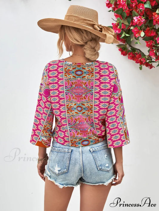 Three-Quarter and V-Neck with Hem Blouse Tie Sleeves