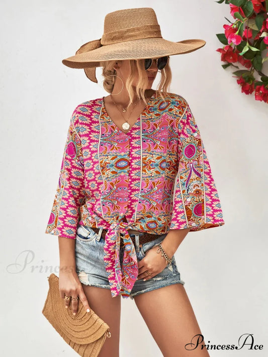 Three-Quarter and V-Neck with Hem Blouse Tie Sleeves Hot Pink / S