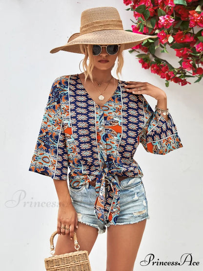 Three-Quarter and V-Neck with Hem Blouse Tie Sleeves Navy / S