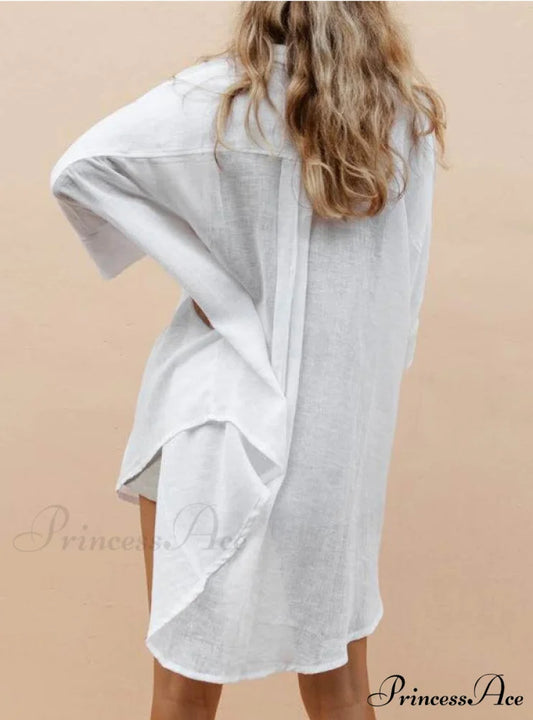 Three Quarter Sleeve Above Knee Loose Solid Dress for Office Lady