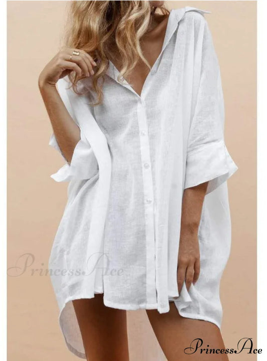 Three Quarter Sleeve Above Knee Loose Solid Dress for Office Lady