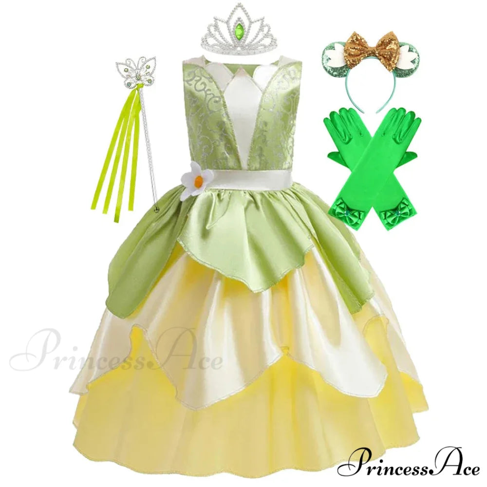 Tiana Dress Up Princess Cosplay Role Playing Party Sleeveless Carnival Halloween Kid Costume 3-4T (Tag XS) Tiana Dress H