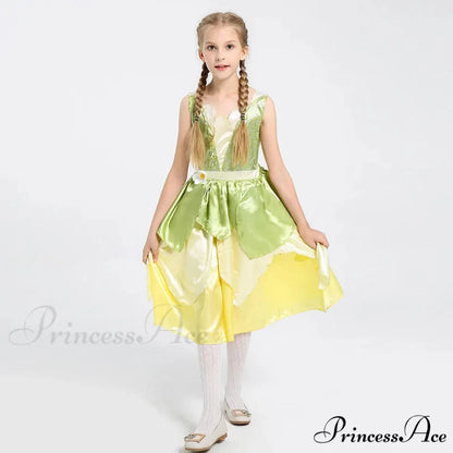 Tiana Dress Up Princess Cosplay Role Playing Party Sleeveless Carnival Halloween Kid Costume