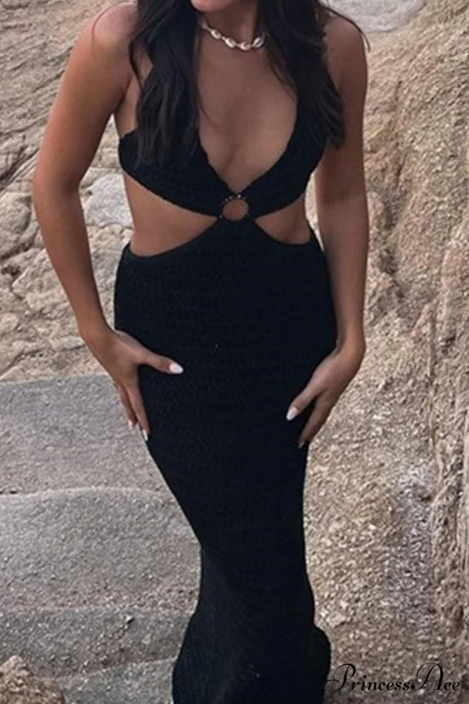 Tie-back Hollow Out Dress with Contrast Detail Black / L