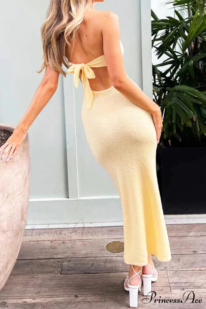 Tie-back Strapless Dress with Low Cut Yellow / S