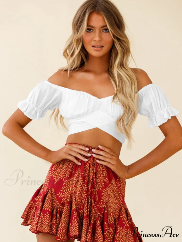 tie-back top crop short-sleeved ruffle women’s Oktoberfest top White / S