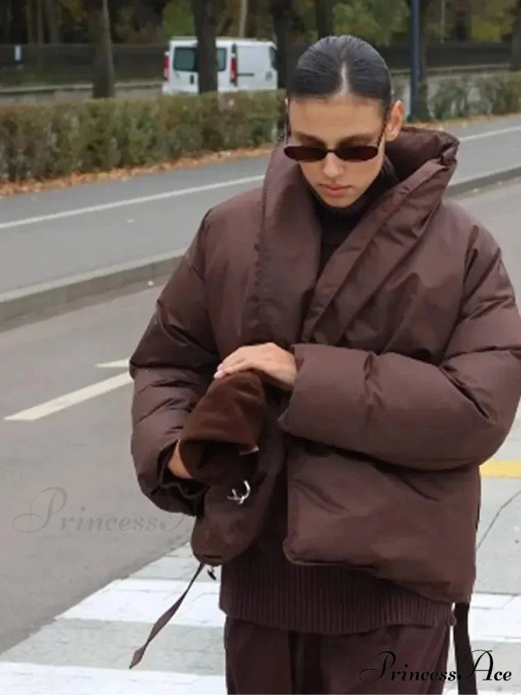 Tie-Belt Padded Cotton Coat brown / S