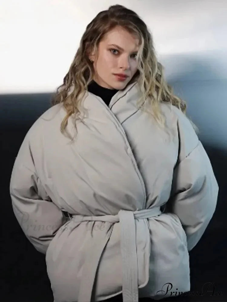 Tie-Belt Padded Cotton Coat Creamy-white / S