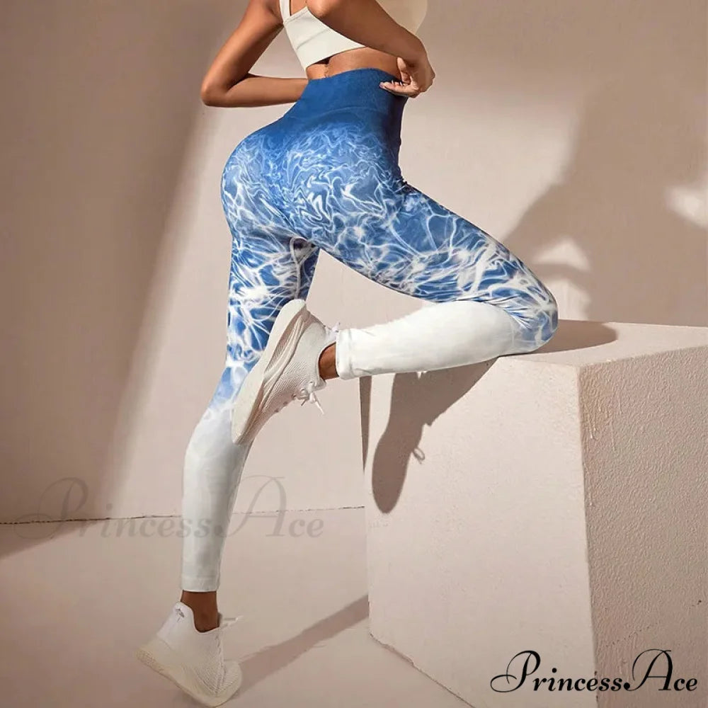 Tie Dye Fitness High Waist Cycling Knit Legging Blue / M