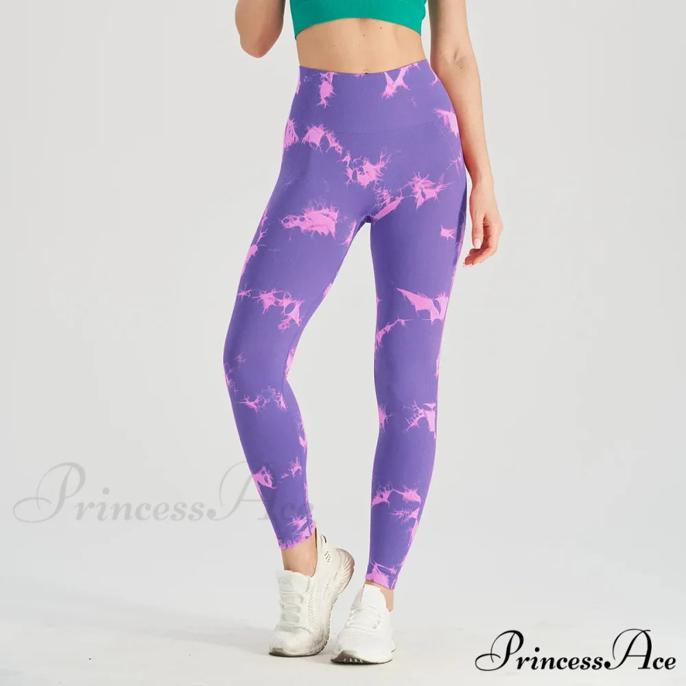 Tie Dye High Waist Seamless Push Up Yoga Fitness Legging Pink Purple / L