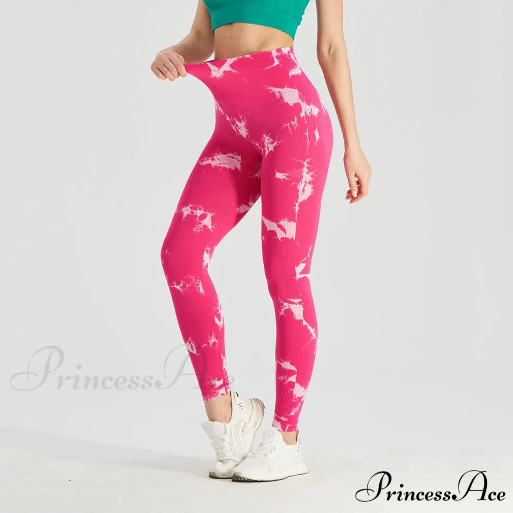 Tie Dye High Waist Seamless Push Up Yoga Fitness Legging Rose Red / L
