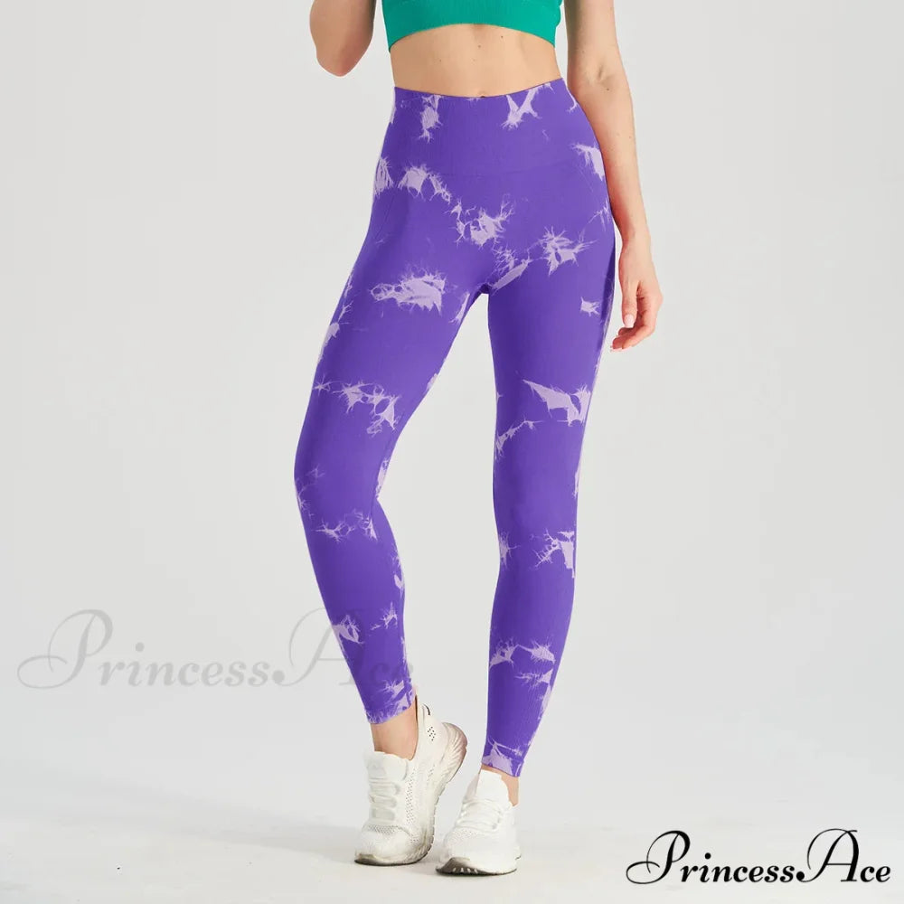 Tie Dye High Waist Seamless Push Up Yoga Fitness Legging white Purple / L