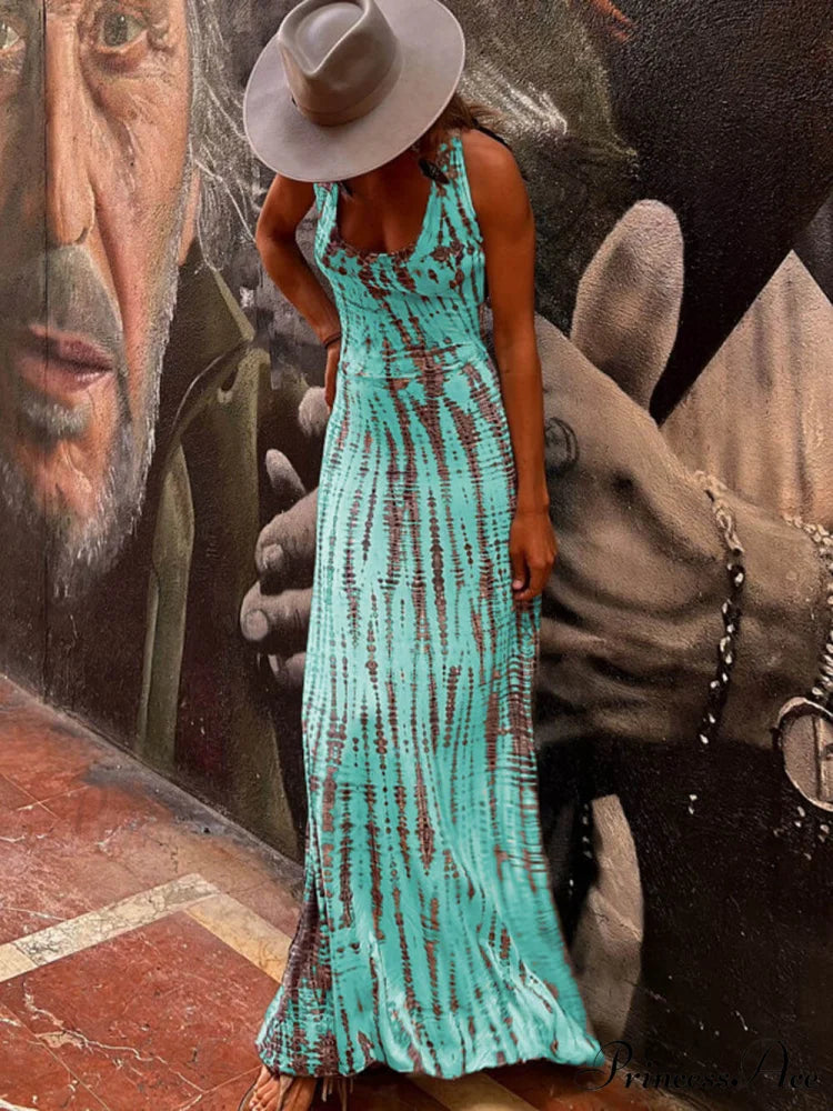 Tie-dye Print Back Charming Lace-up Stretch Maxi Dress Cyan / S