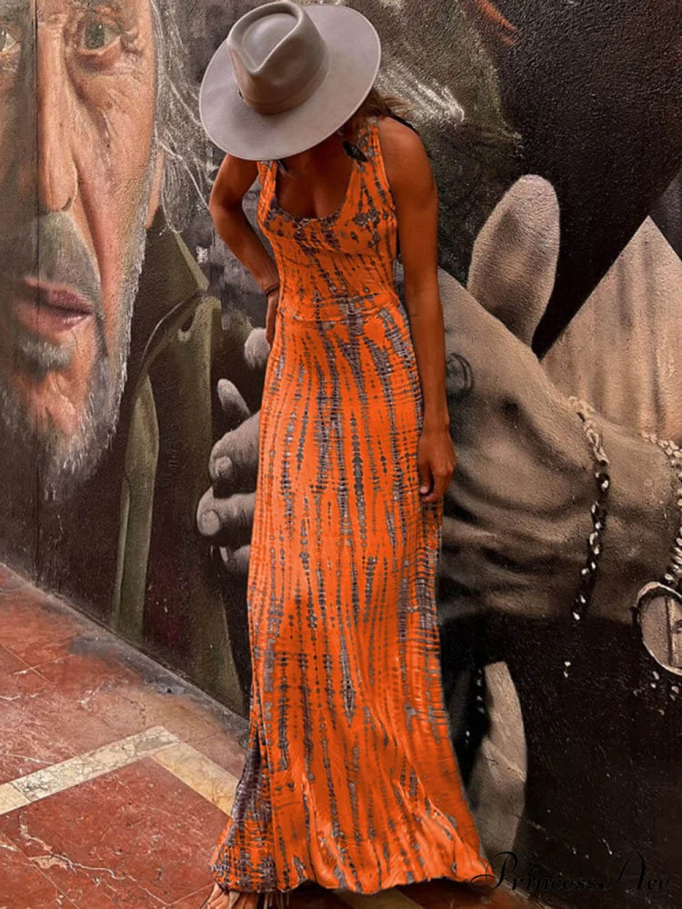 Tie-dye Print Back Charming Lace-up Stretch Maxi Dress Orange / S