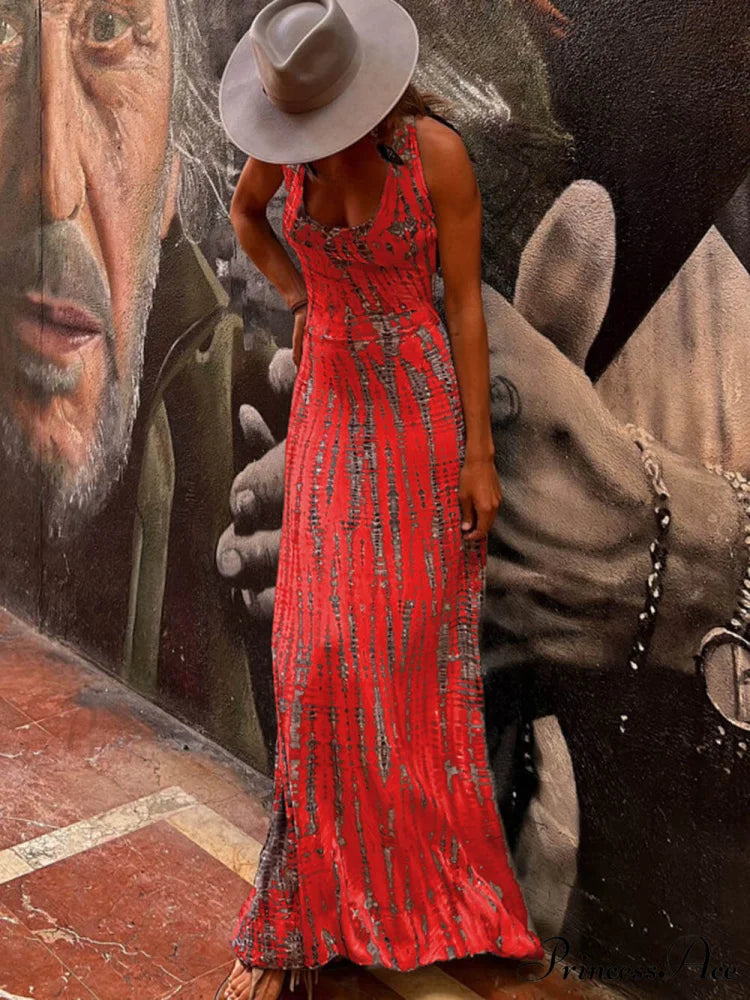 Tie-dye Print Back Charming Lace-up Stretch Maxi Dress Red / S