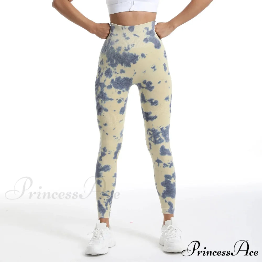 Tie Dye Print Elastic Fitness Fashion Exercise Yoga Legging Yellow / S