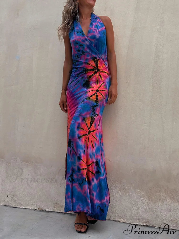 Tie-Dye Print Halter Charming Backless Stretch Maxi Dress Navy Blue / S