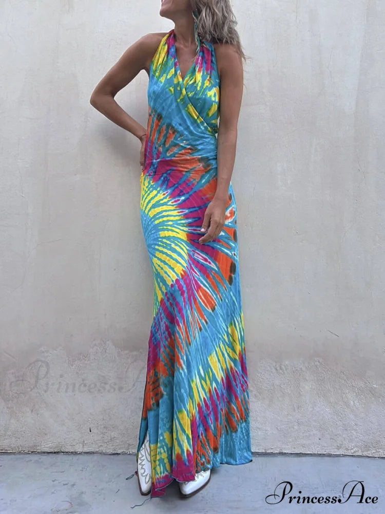 Tie-Dye Print Halter Charming Backless Stretch Maxi Dress Wathet Blue / S