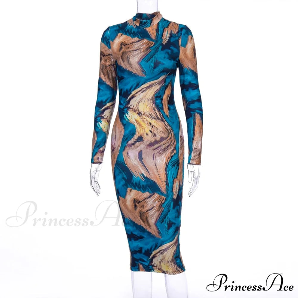 Tie Dye Print Long Sleeve Bodycon Midi Dress