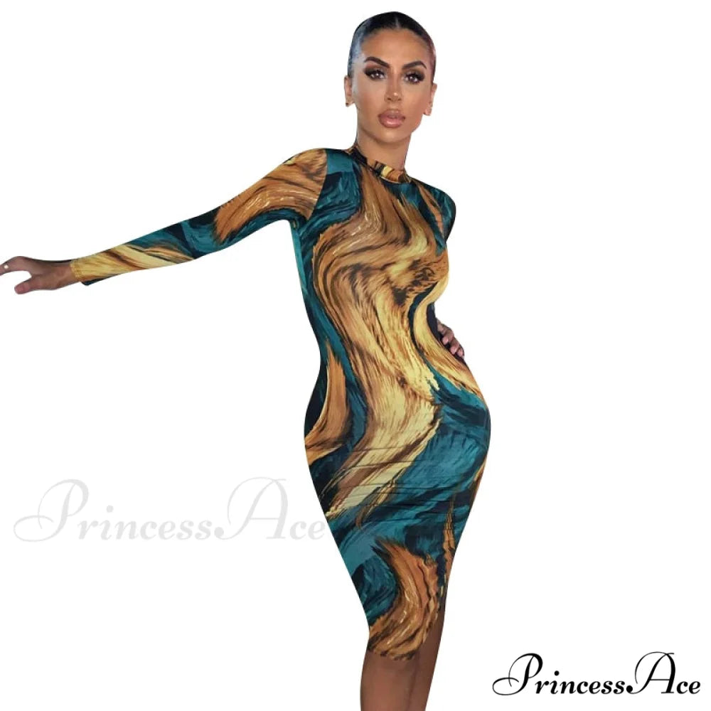 Tie Dye Print Long Sleeve Bodycon Midi Dress