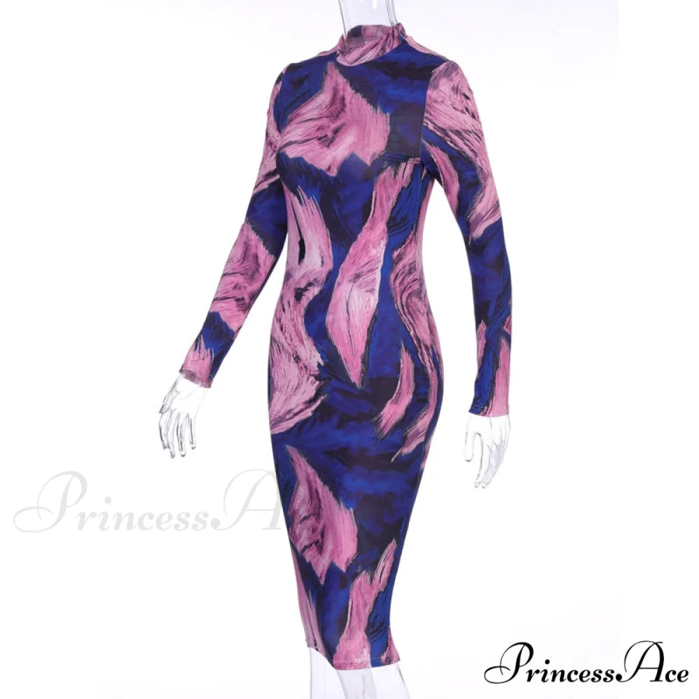 Tie Dye Print Long Sleeve Bodycon Midi Dress