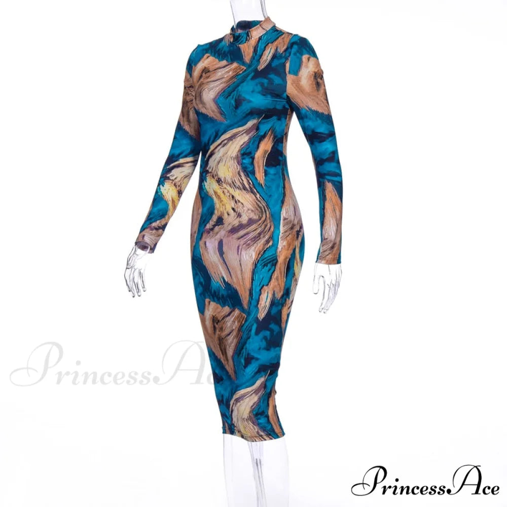 Tie Dye Print Long Sleeve Bodycon Midi Dress