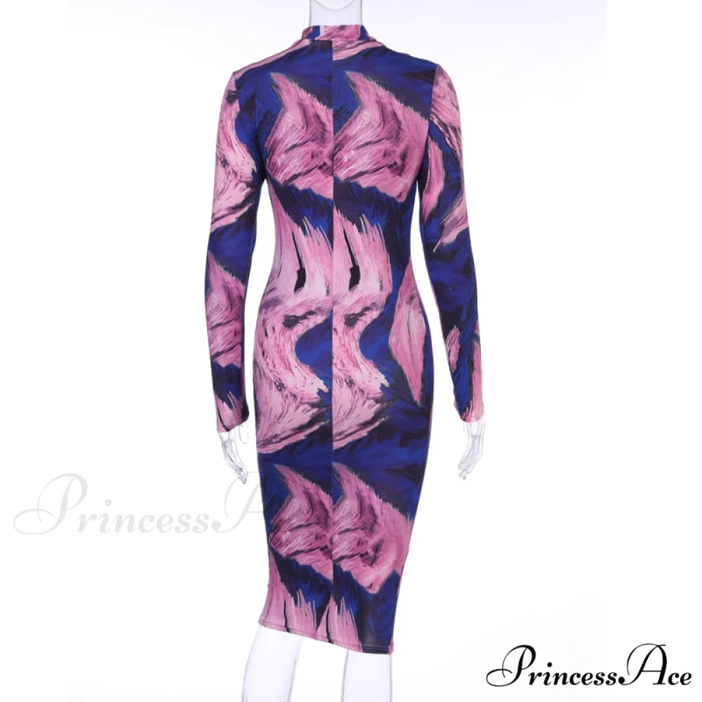 Tie Dye Print Long Sleeve Bodycon Midi Dress