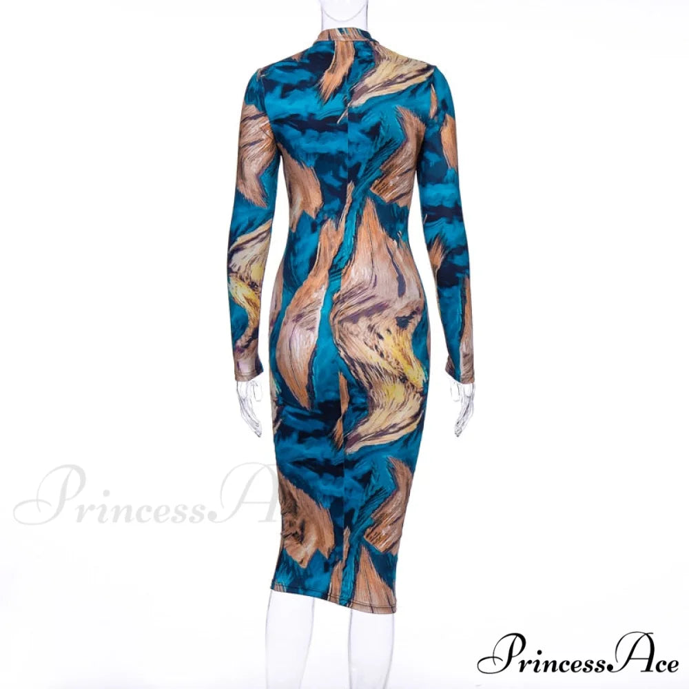 Tie Dye Print Long Sleeve Bodycon Midi Dress