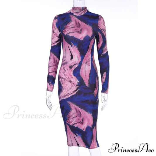 Tie Dye Print Long Sleeve Bodycon Midi Dress Purple / M