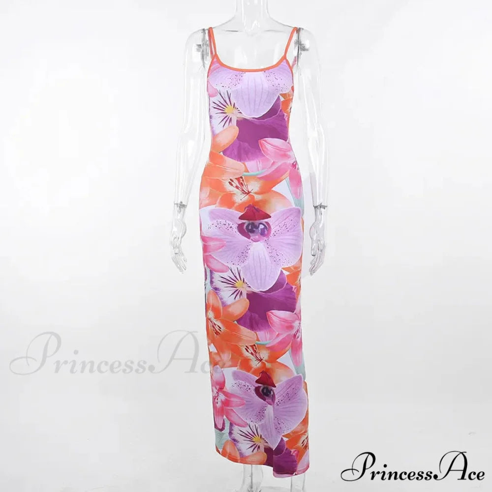 Tie-dye Print Suspender Backless Sling Long SlimBodayxon Beach Holiday Floral Dress Orange / S