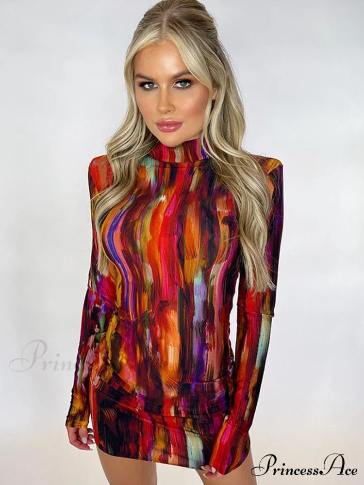 Tie Dye Print Women Long Sleeve Mini Dress
