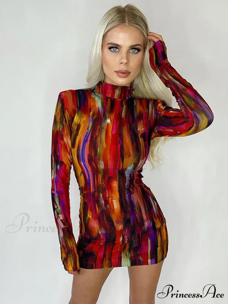 Tie Dye Print Women Long Sleeve Mini Dress