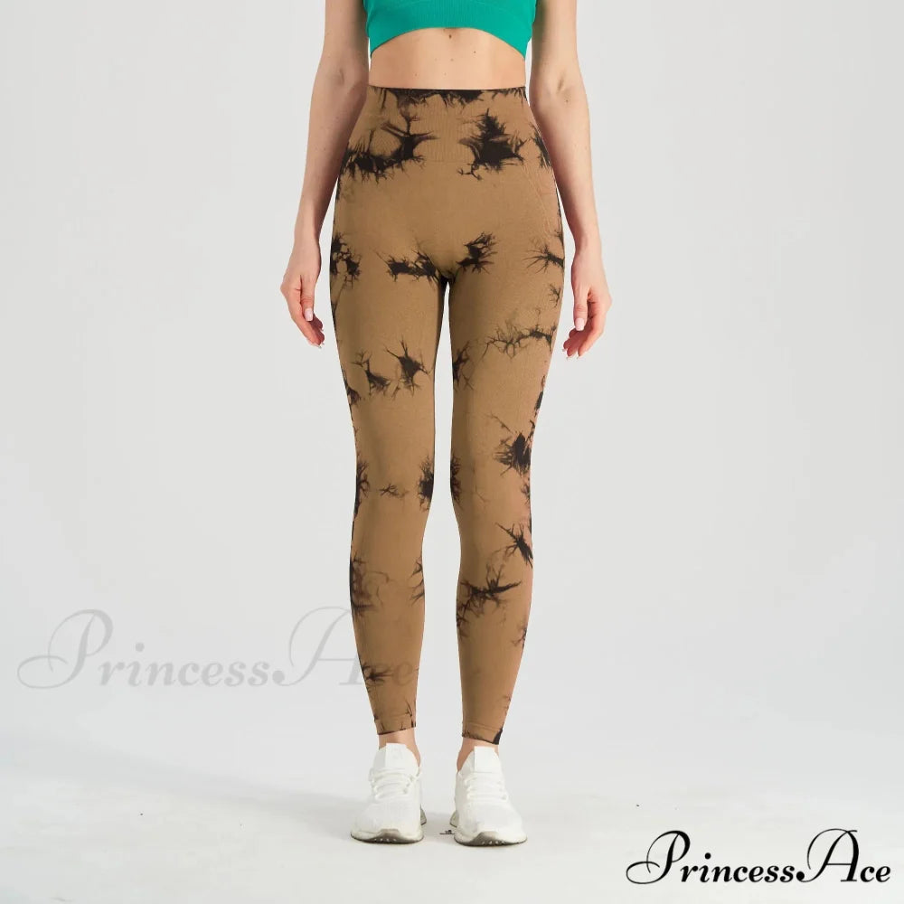 Tie Dye Waist Tummy Control Seamless Push Up Yoga Legging Black Champagne / S