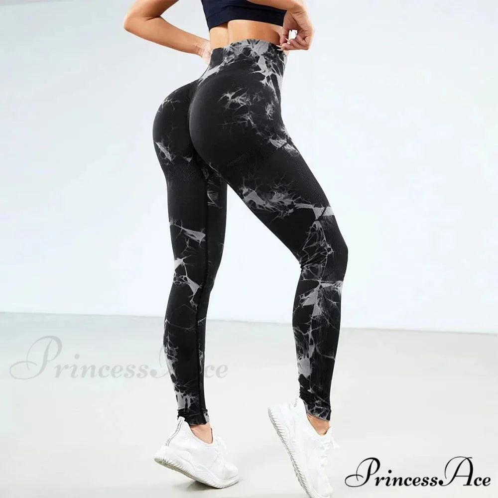 Tie Dye Waist Tummy Control Seamless Push Up Yoga Legging black / S