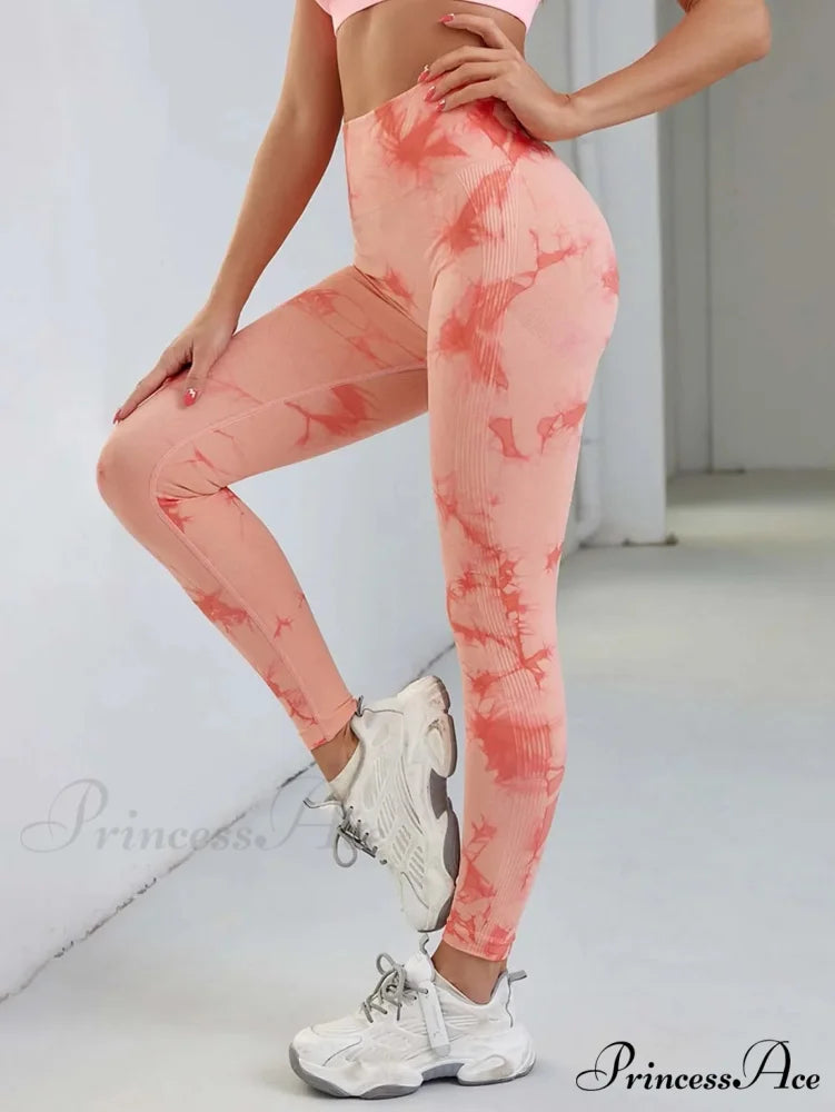 Tie Dye Waist Tummy Control Seamless Push Up Yoga Legging orange / S