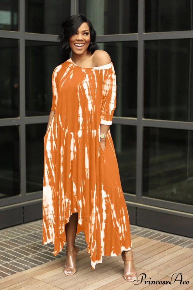 Tie-dyed Drop Shoulder Dress Orange / S
