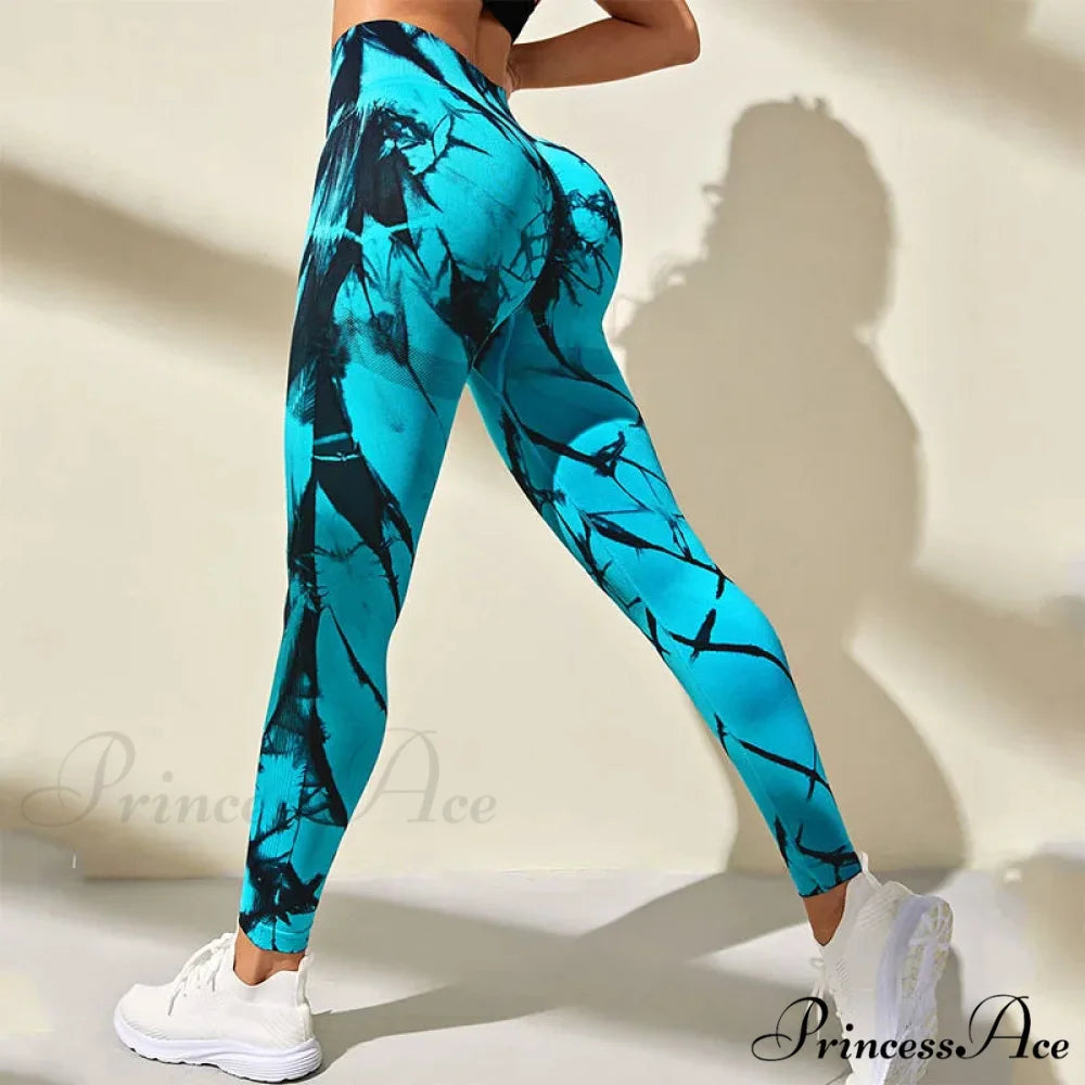 Tie-Dyed Quick-Dry 3D Printing Fitness Legging Blue / S