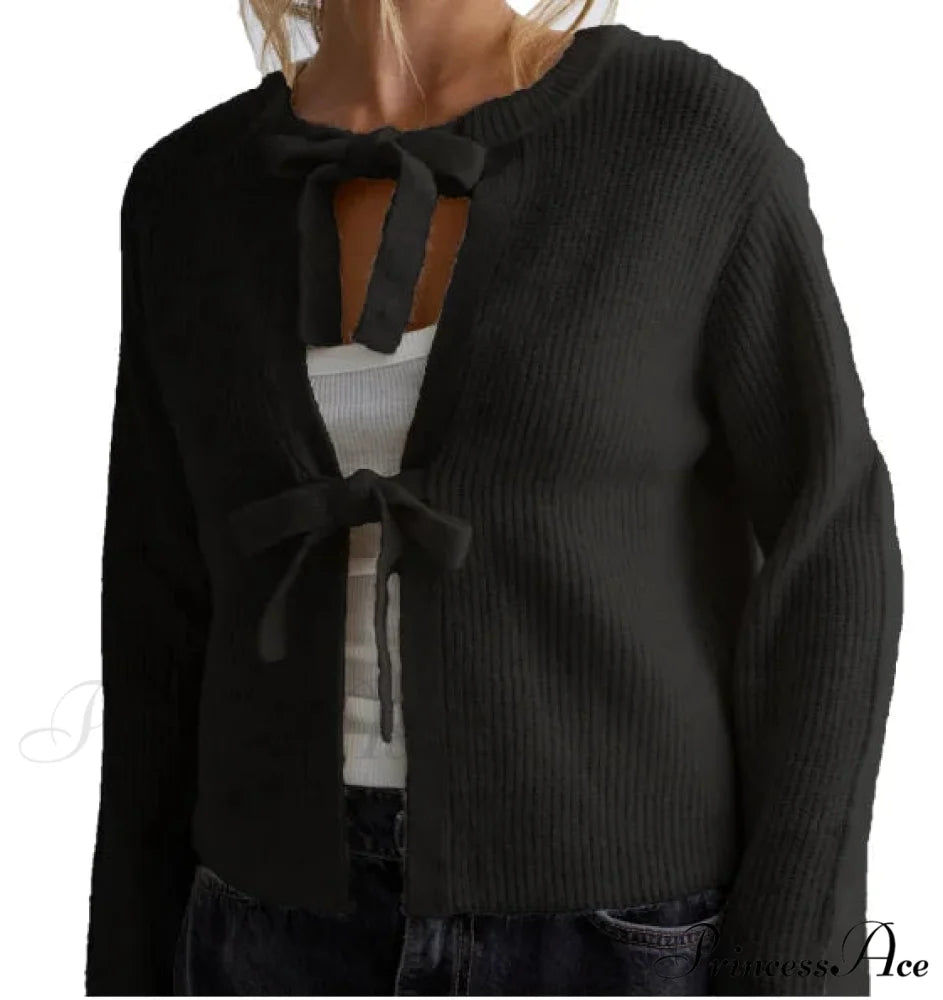 Tie Front Crew Neck Knit Cardigan black / S cardigans-241228