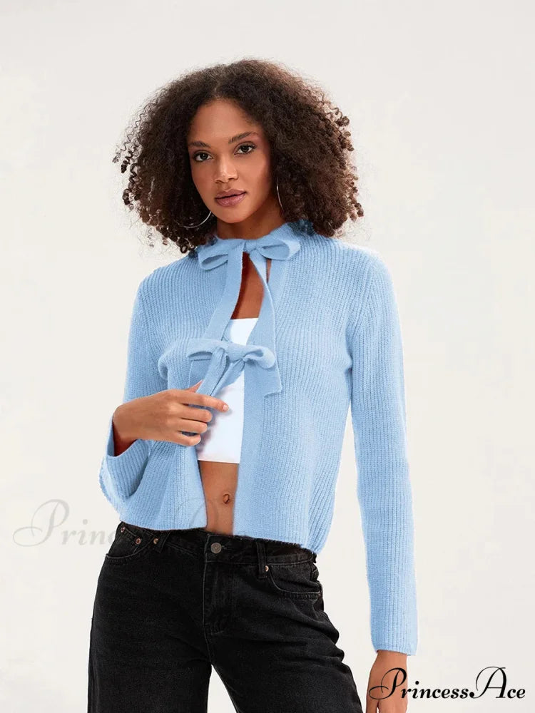 Tie Front Crew Neck Knit Cardigan blue / S cardigans-241228